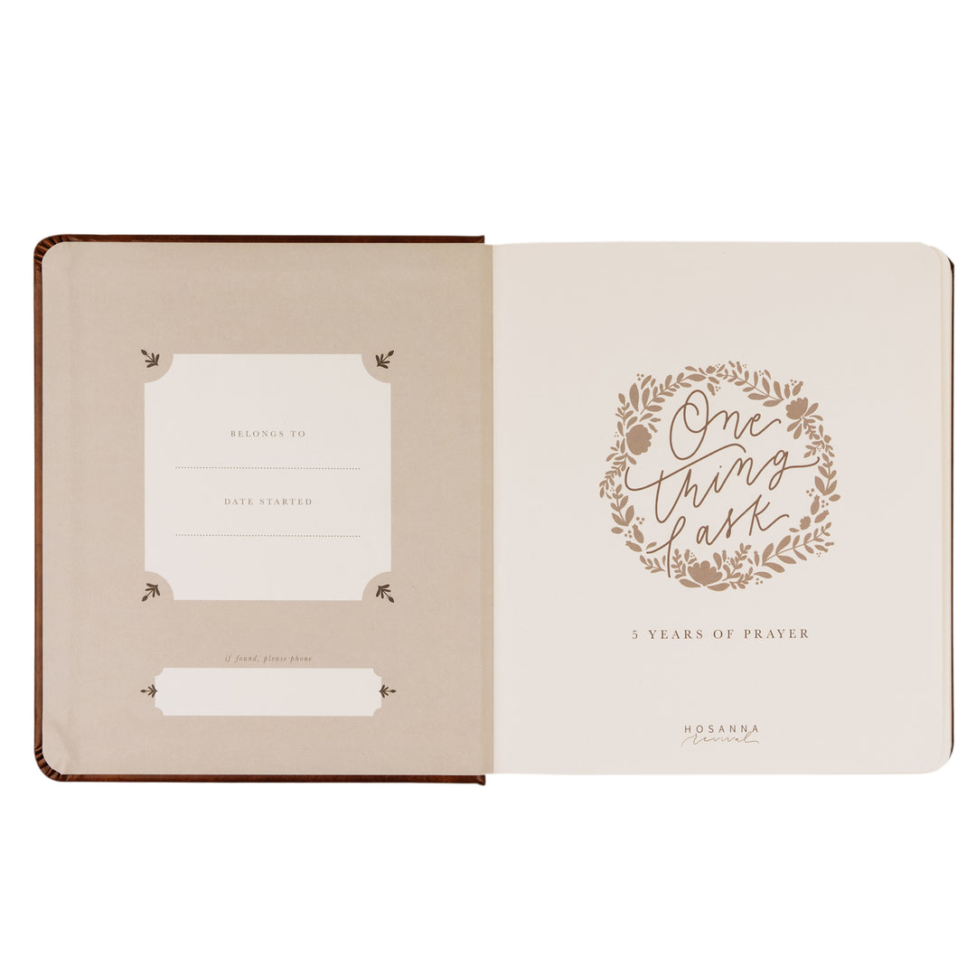 Edinburgh-5-Year-Prayer-Journal-Brown-Leather-Floral-Frame-One-Thing-I-Ask-Hosanna-Revival
