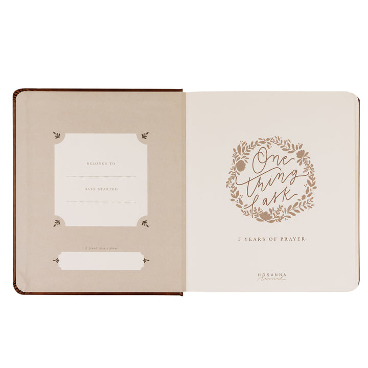 Edinburgh-5-Year-Prayer-Journal-Brown-Leather-Floral-Frame-One-Thing-I-Ask-Hosanna-Revival