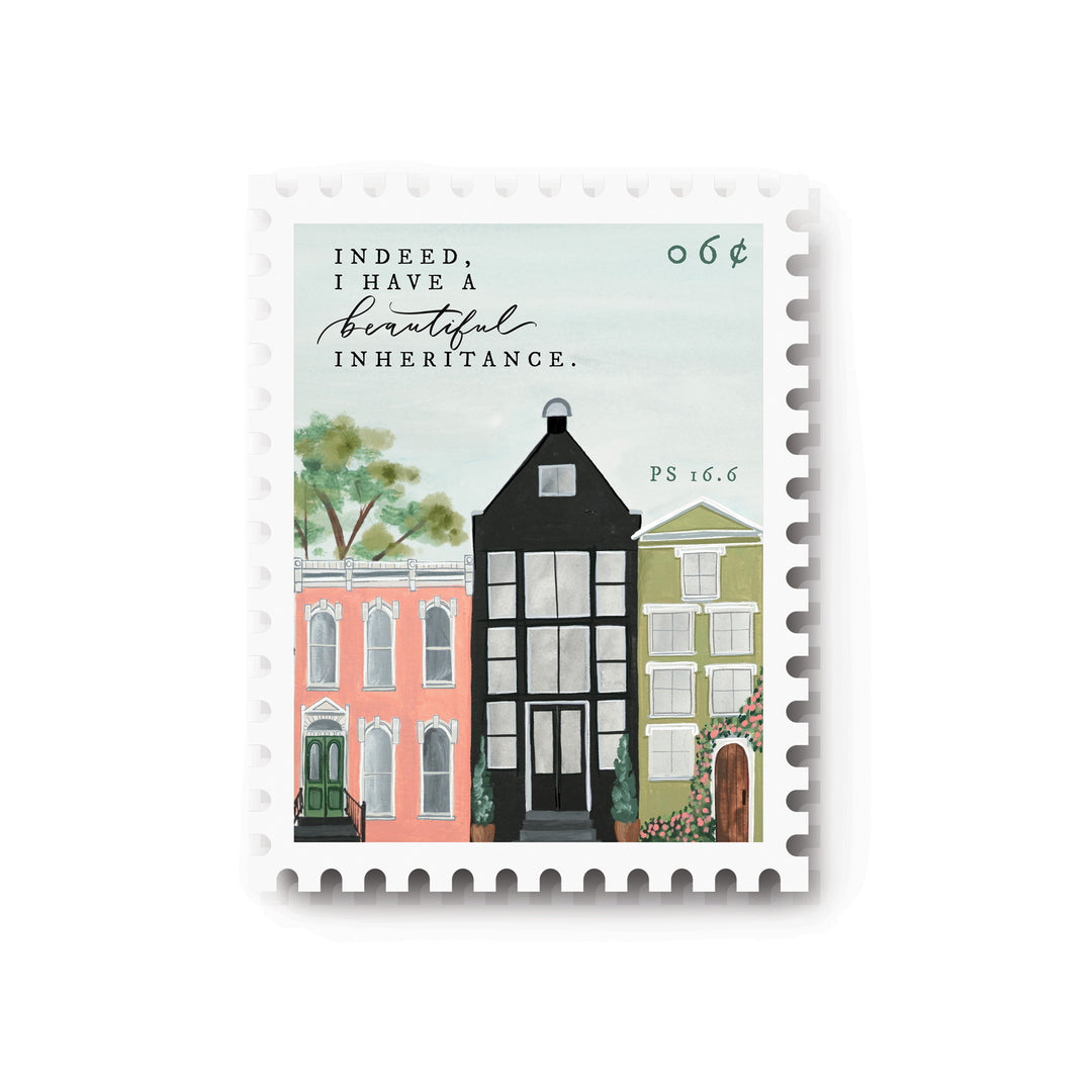 postage stamp sticker "indeed I have a beautiful inheritance"