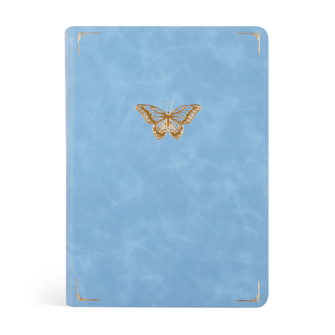 Blue Bible with a gold butterfly design on a white background