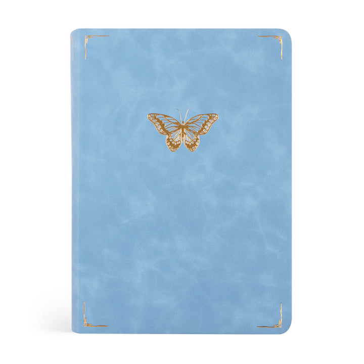 Blue Bible with a gold butterfly design on a white background
