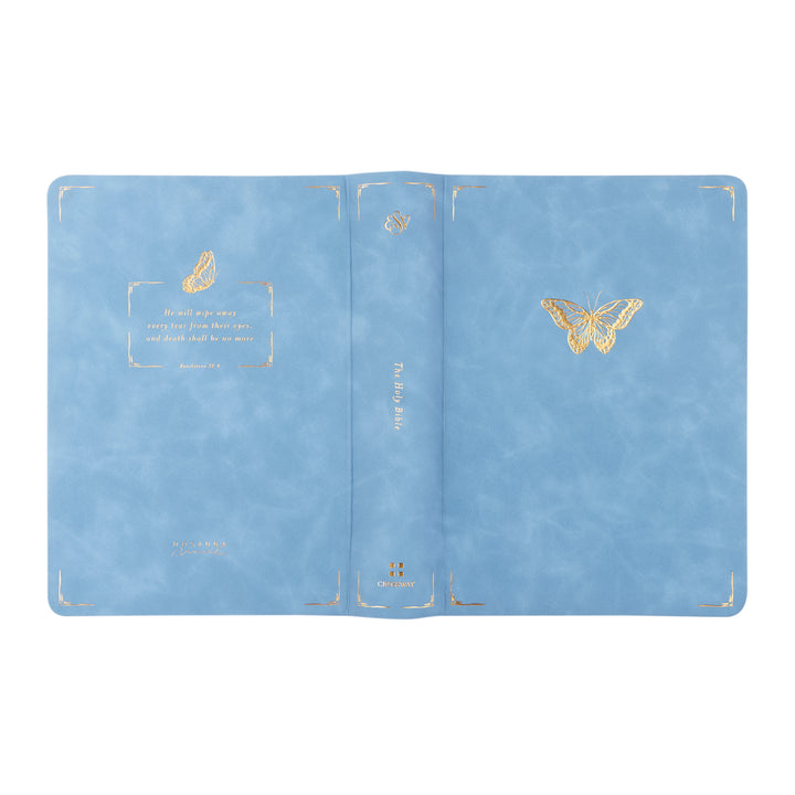 Blue Bible with gold butterfly design on a white background