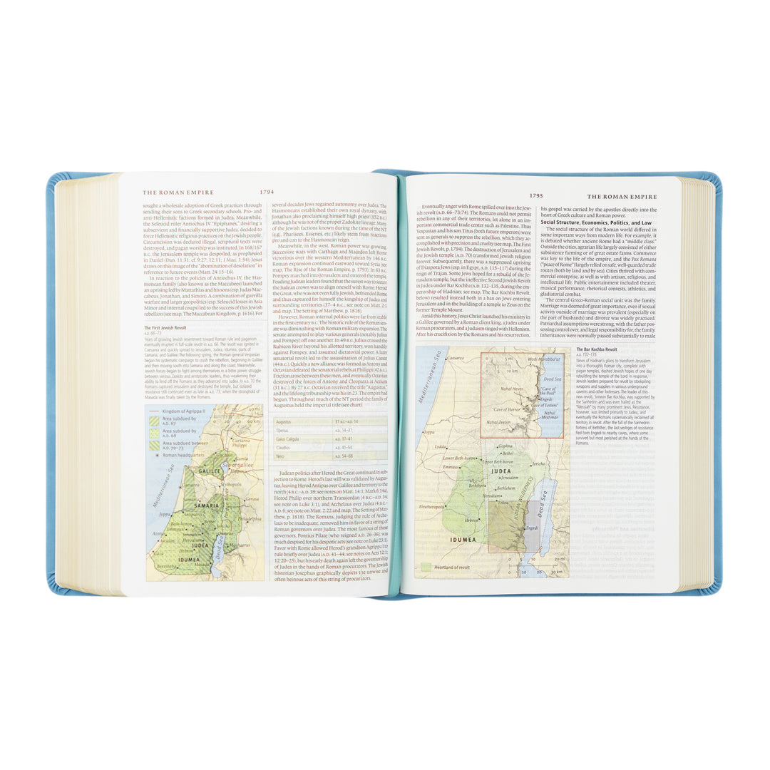 Open Bible with maps and text on a white background
