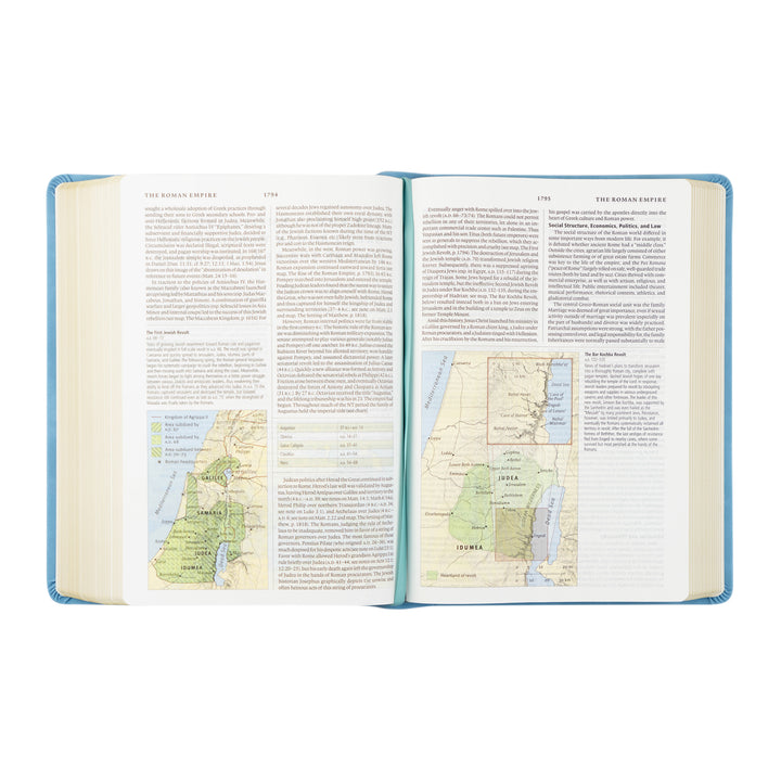Open Bible with maps and text on a white background