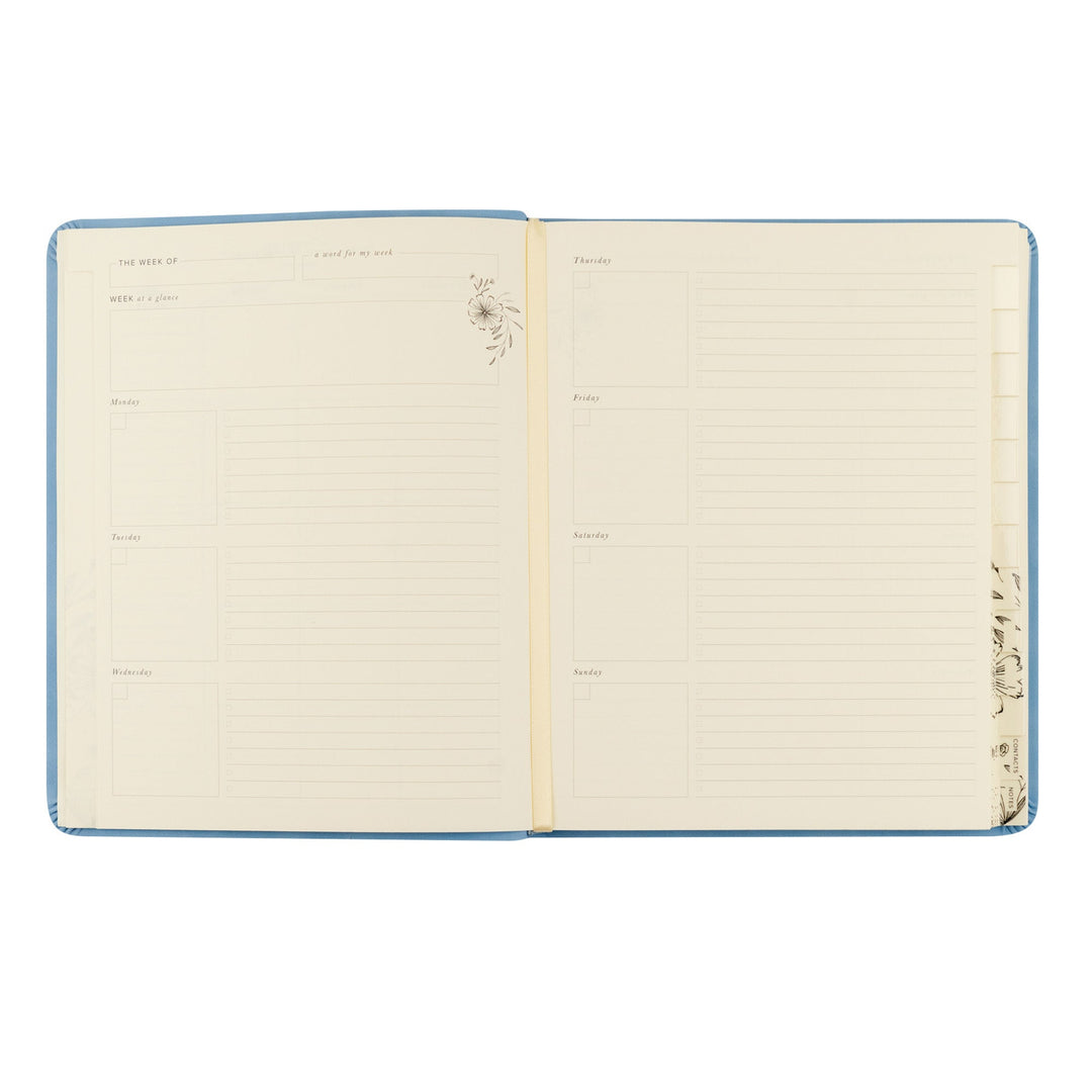 Open notebook with blue binding on a white background