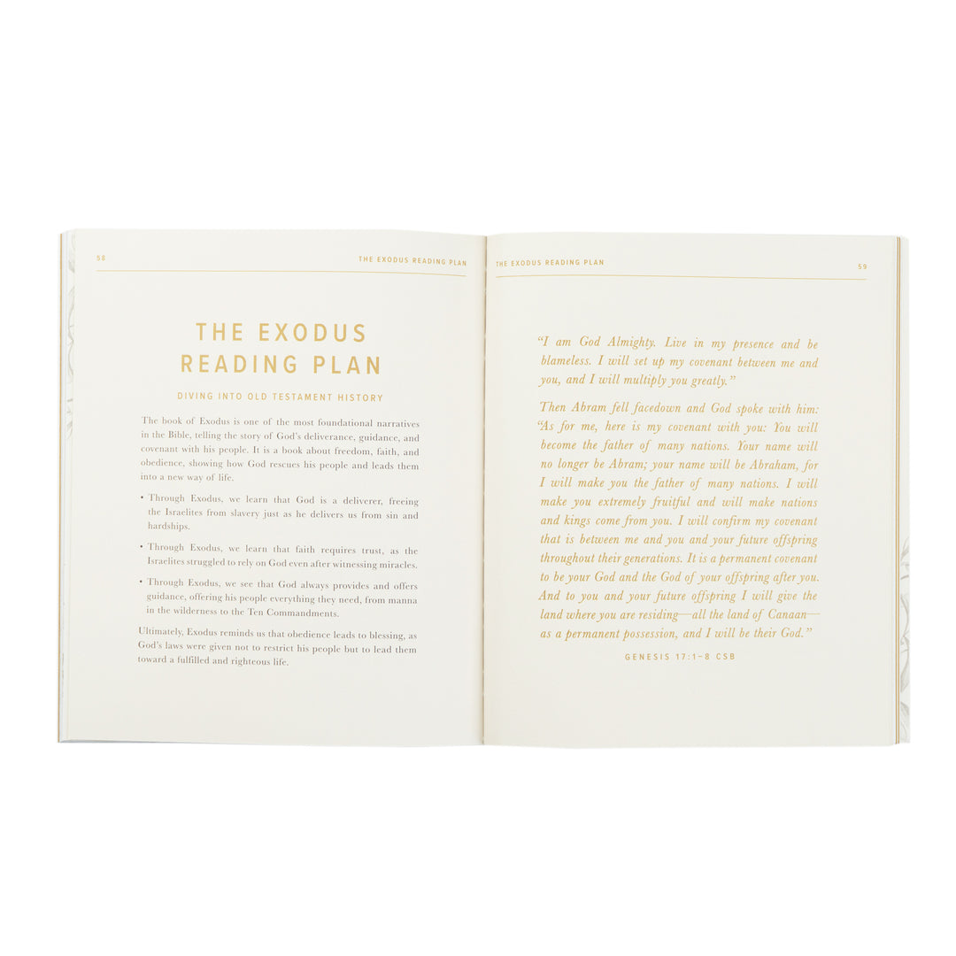 Open book with 'The Exodus Reading Plan' text on a white background