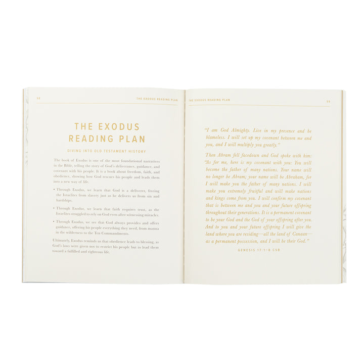 Open book with 'The Exodus Reading Plan' text on a white background