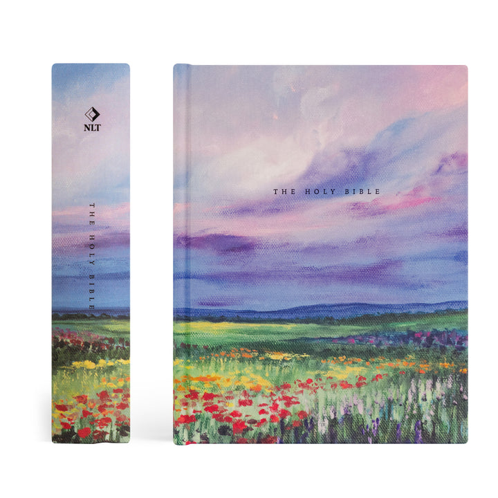 Cover of 'The Holy Bible' with a colorful landscape design on a white background