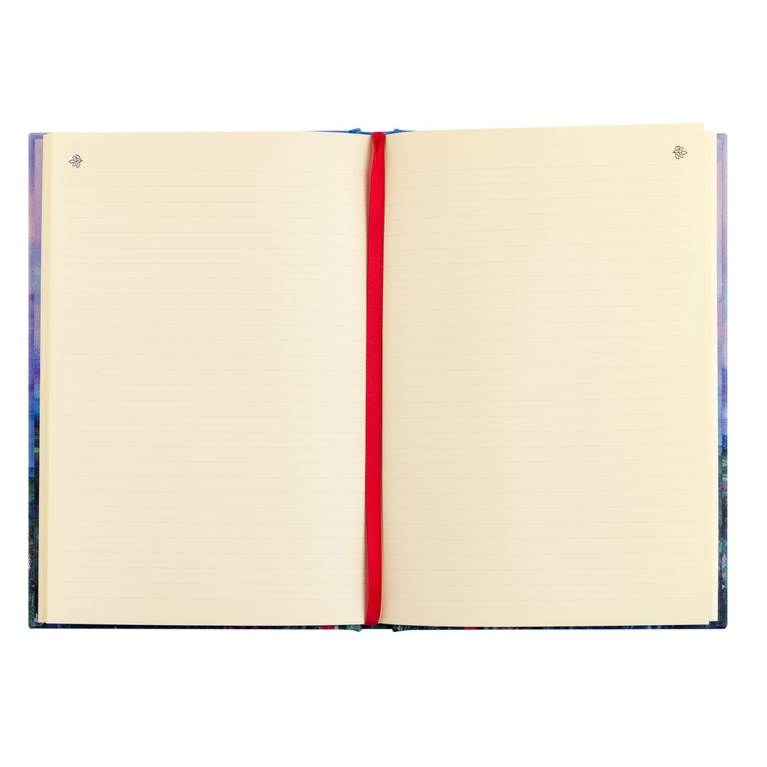 Open notebook with a red ribbon on a white background