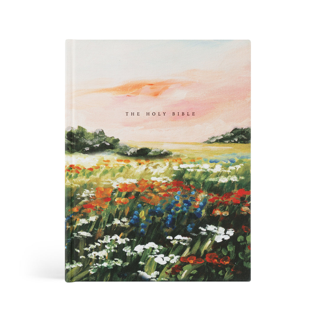 Cover of 'The Holy Bible' with a painting of a field of flowers and trees.