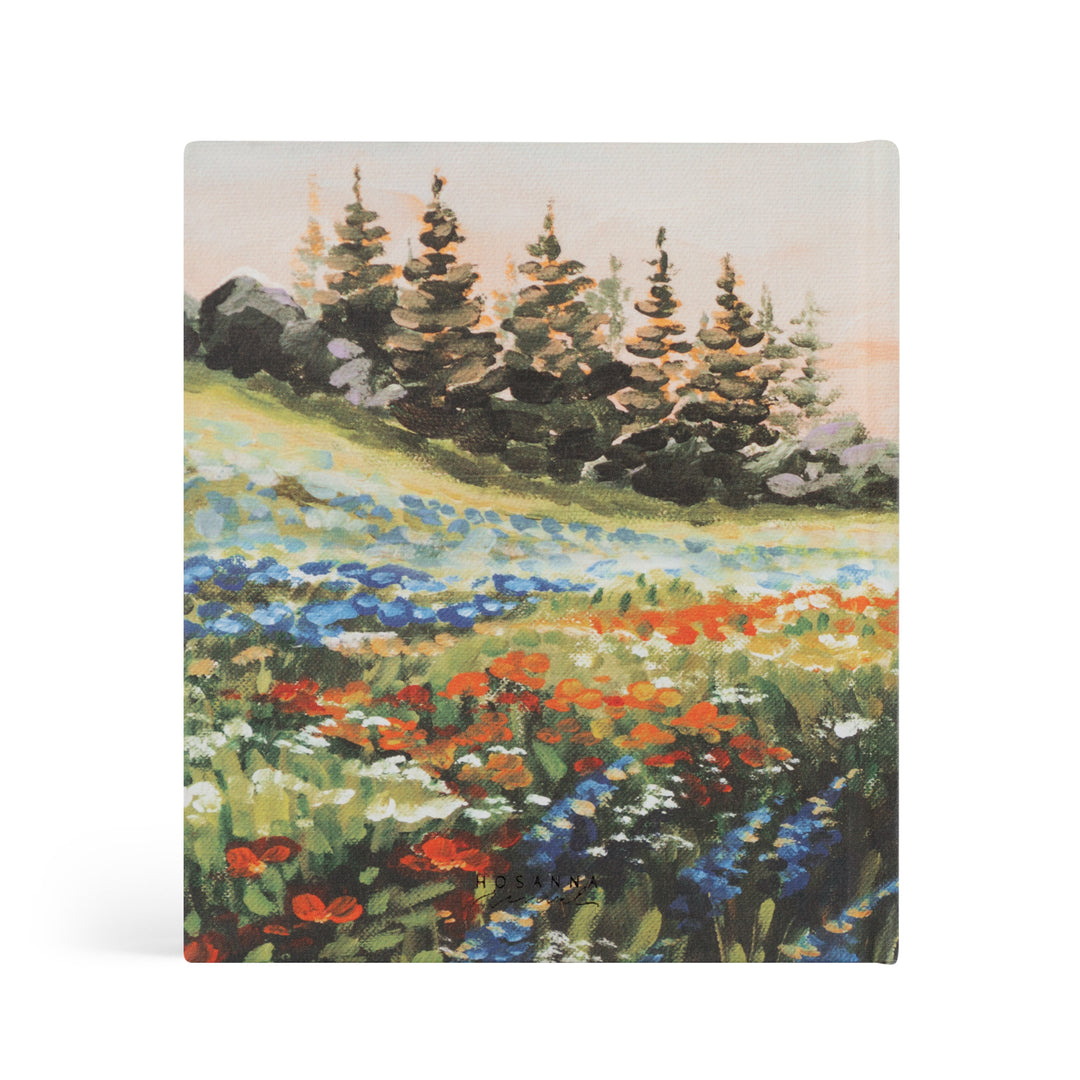 Painting of a landscape with trees and colorful flowers on a white background