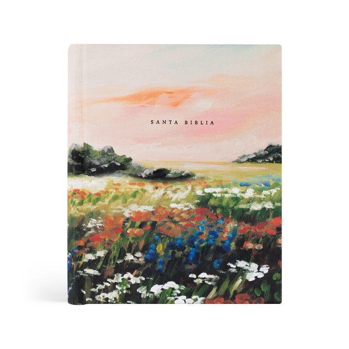 Book cover with a painting of a field and 'Santa Biblia' text