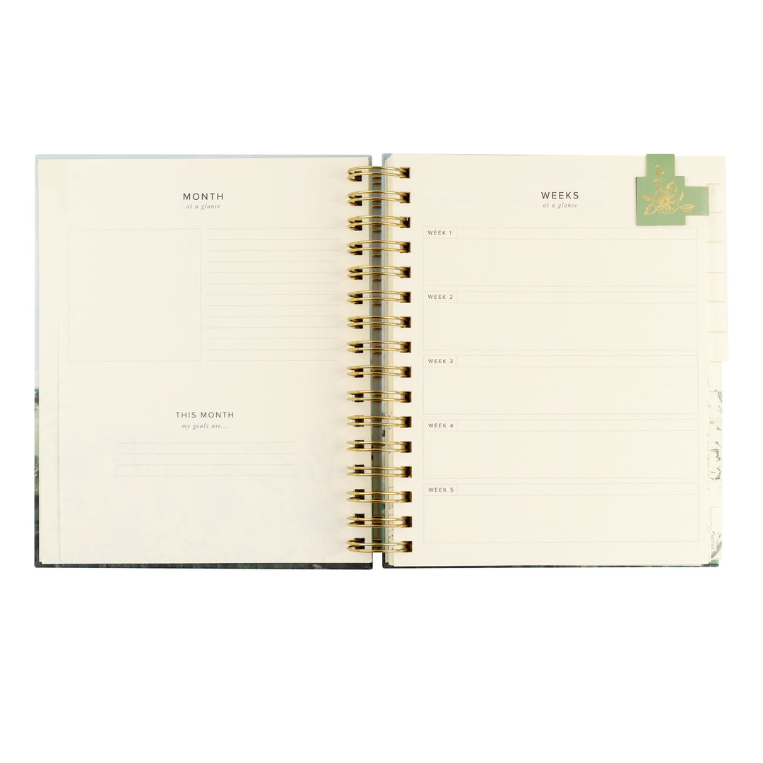 Open planner with monthly and weekly tabs on a white background