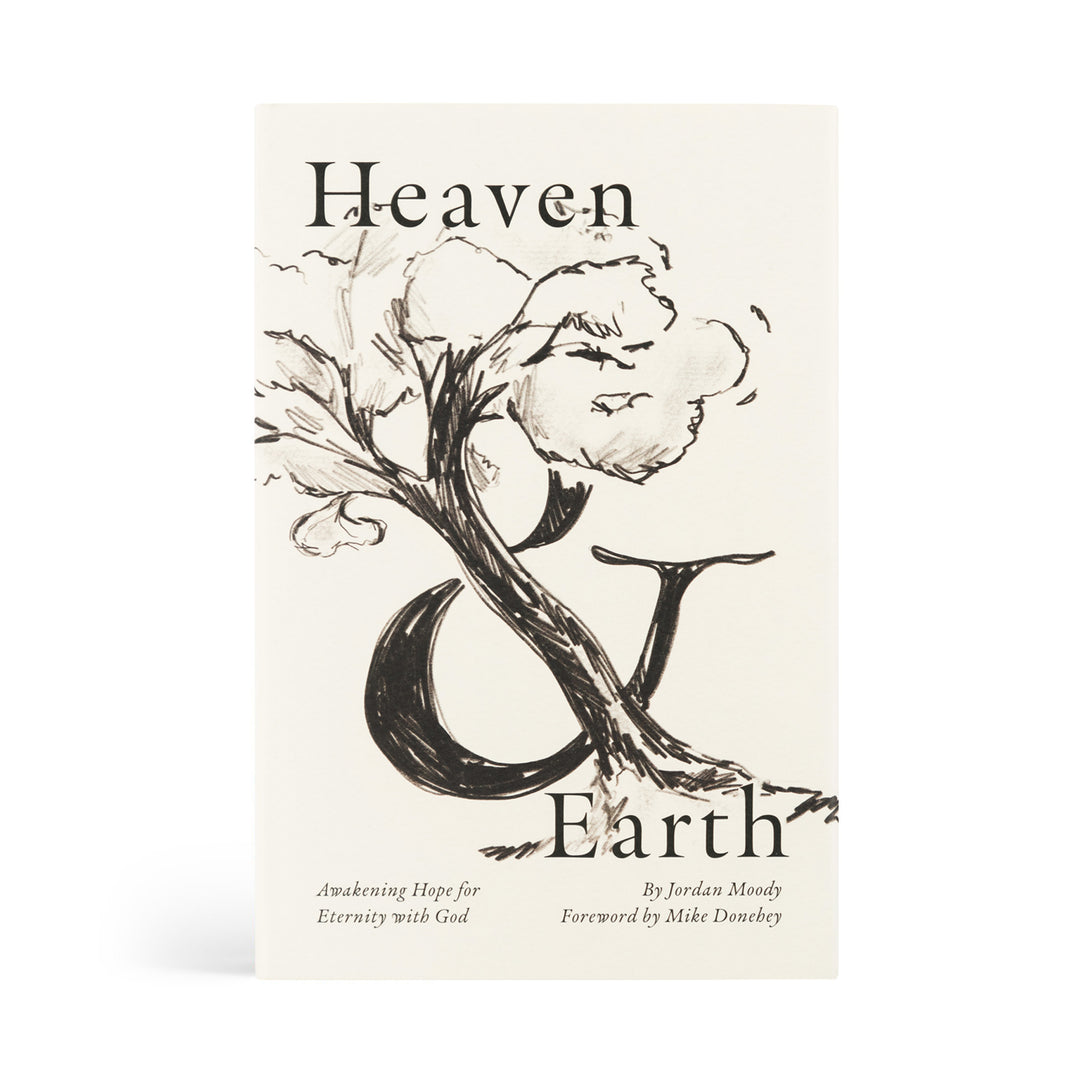 Book cover of 'Heaven & Earth' with a tree and moon illustration on a white background