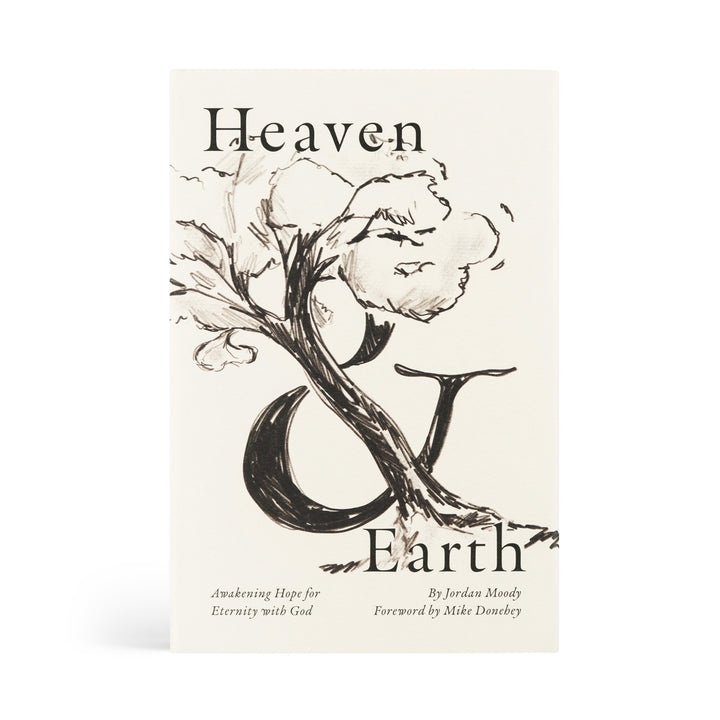 Book cover of 'Heaven & Earth' with a tree and moon illustration on a white background