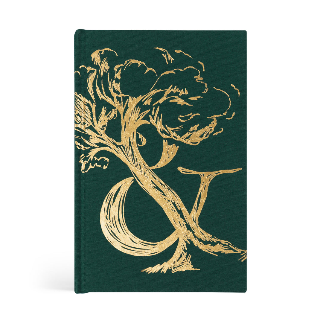 Green notebook with gold ampersand design on a white background
