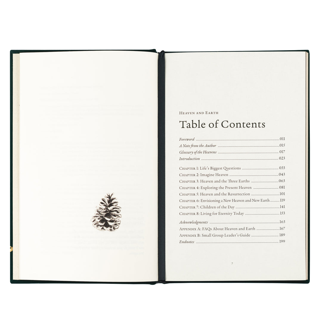 Open book with table of contents and a pine cone illustration on a white background
