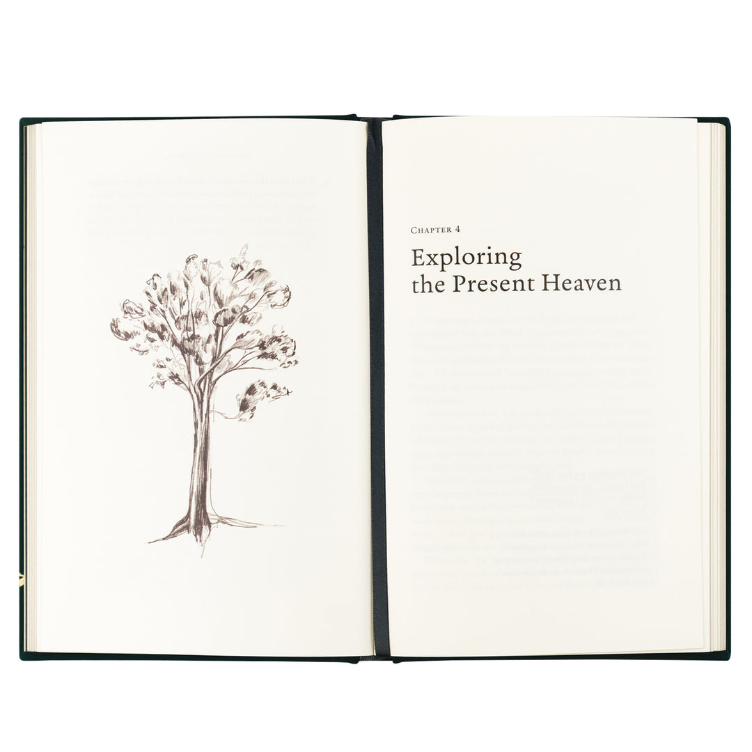 Open book with a tree illustration on one page and text on the other, on a white background.
