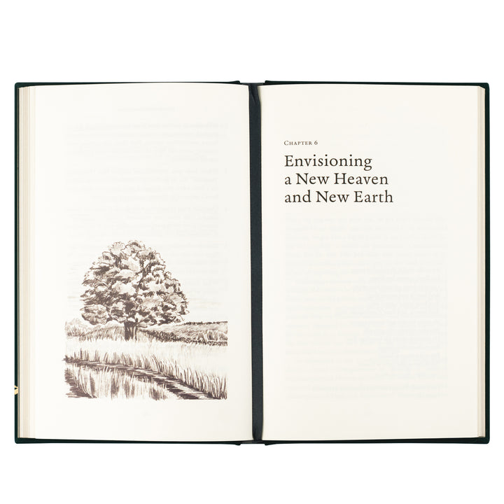 Open book with a landscape illustration on one page and text on the other, set against a white background.