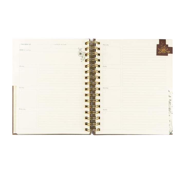 Open planner with gold spiral binding on a white background