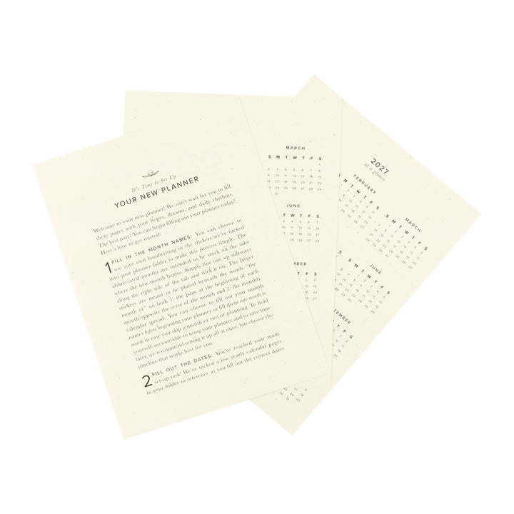 Two planner pages with text and a calendar on a white background