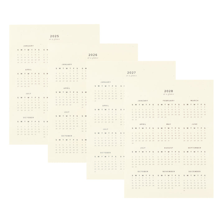 Set of four beige calendars for the years 2025 to 2028 on a white background.