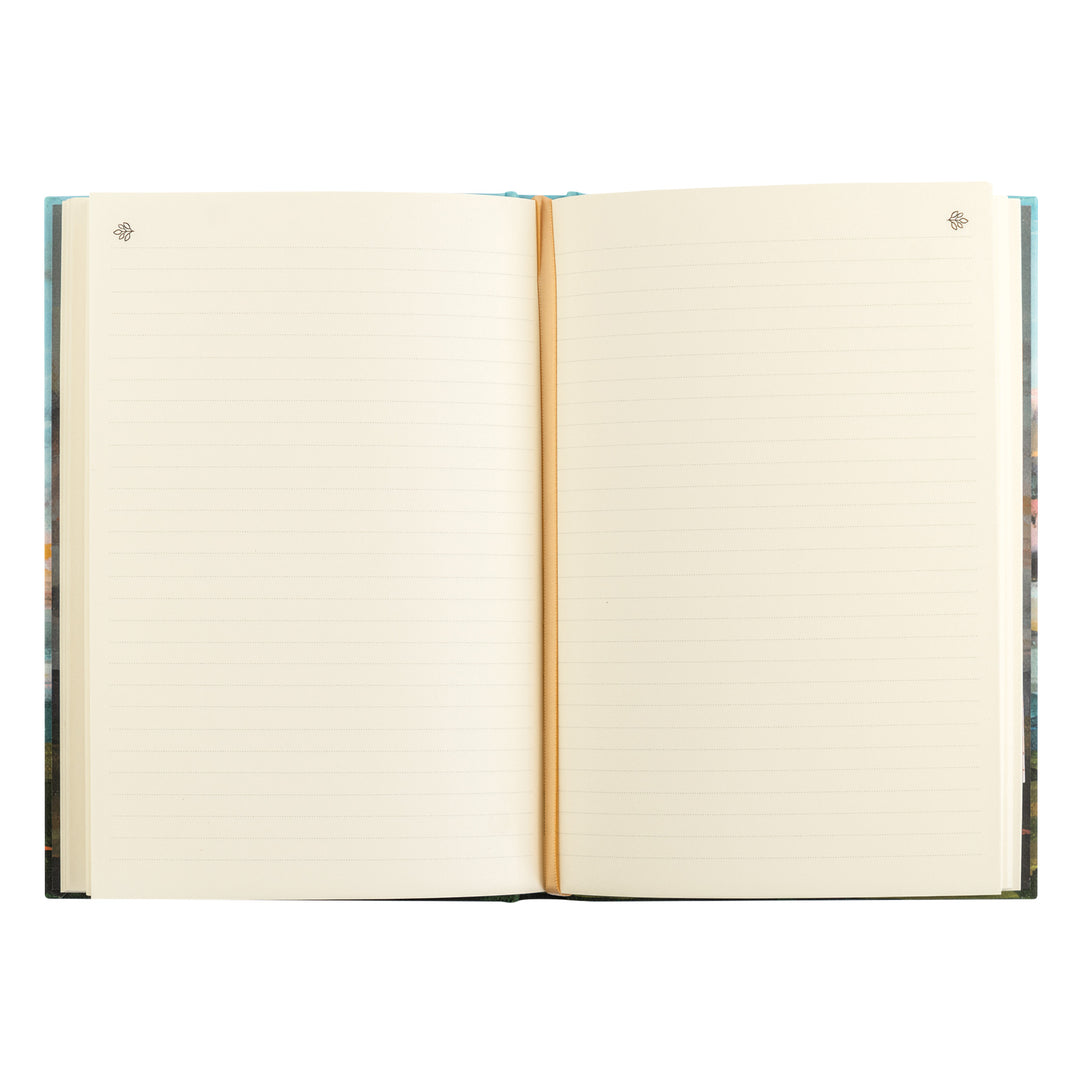 Open notebook with blank pages on a white background