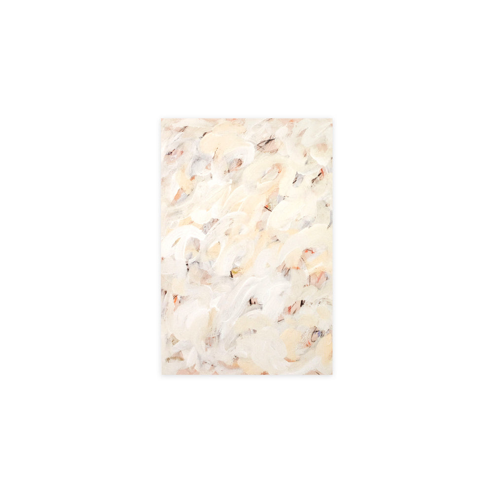An abstract rectangular canvas print featuring textured, impasto brushstrokes in cream, beige, and white with subtle warm brown and peach undertones, centered on a solid white background.