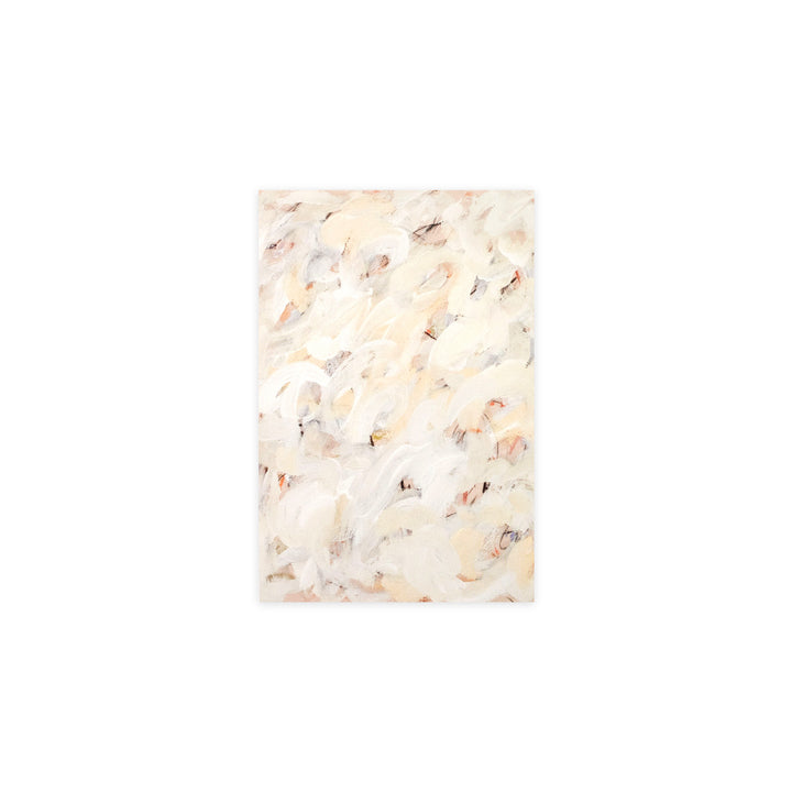 An abstract rectangular canvas print featuring textured, impasto brushstrokes in cream, beige, and white with subtle warm brown and peach undertones, centered on a solid white background.