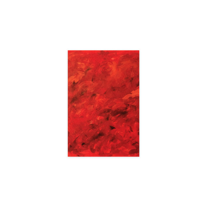 An abstract red painting with textured brushstrokes, centered on a solid white background.
