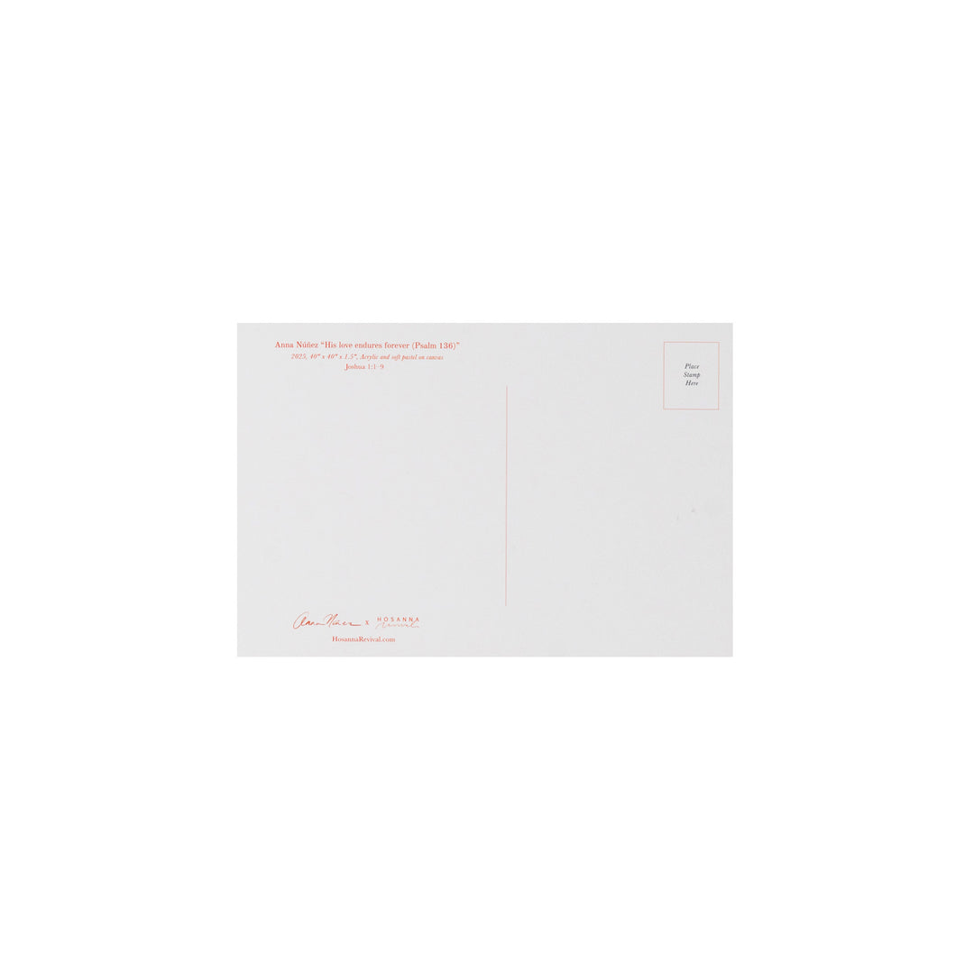 A minimalist white postcard with fine red text, a vertical address line, and a small red postage box in the upper right corner, shown against a plain white background.