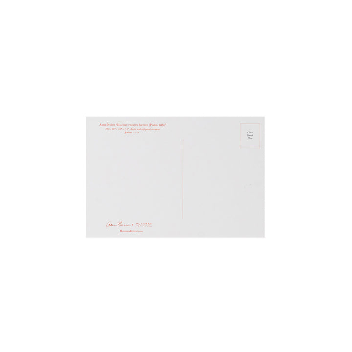 A minimalist white postcard with fine red text, a vertical address line, and a small red postage box in the upper right corner, shown against a plain white background.