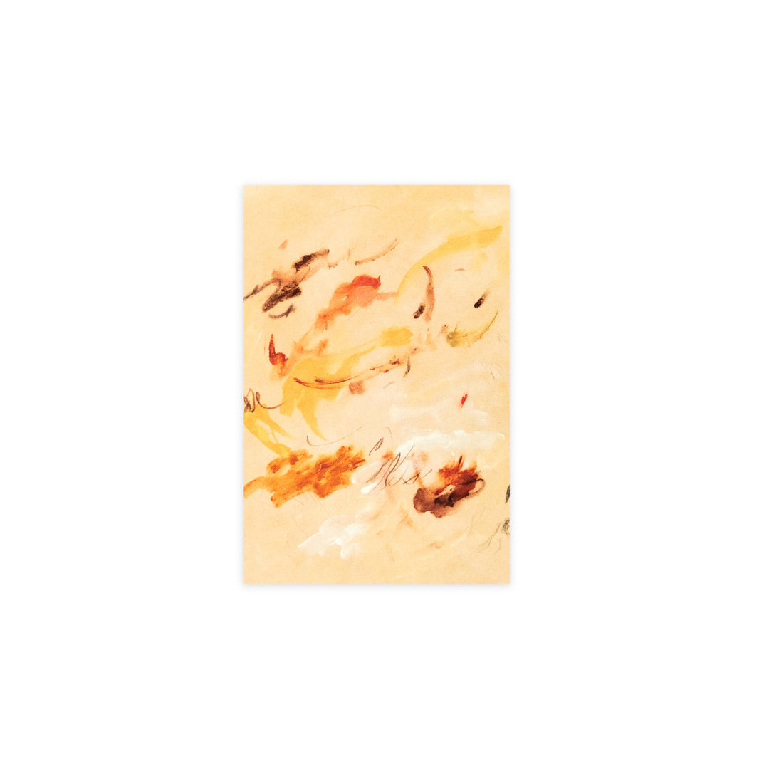 An abstract art print featuring expressive brushstrokes in shades of yellow, orange, brown, and white on a warm beige background, centered on a solid white backdrop.