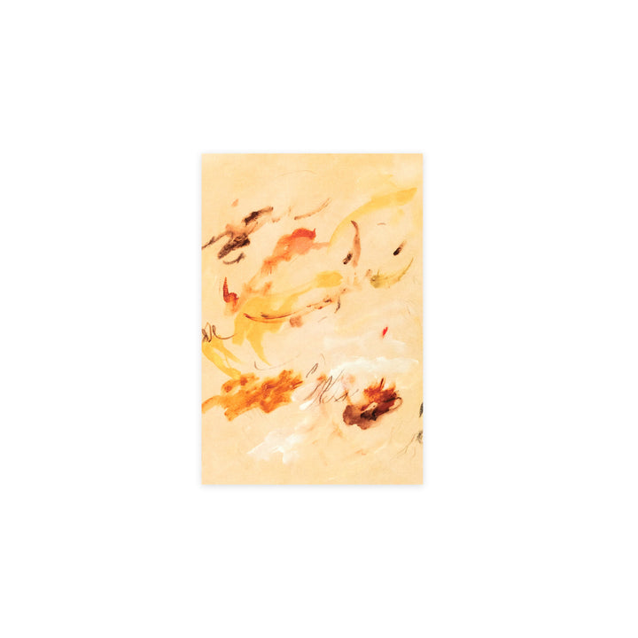 An abstract art print featuring expressive brushstrokes in shades of yellow, orange, brown, and white on a warm beige background, centered on a solid white backdrop.