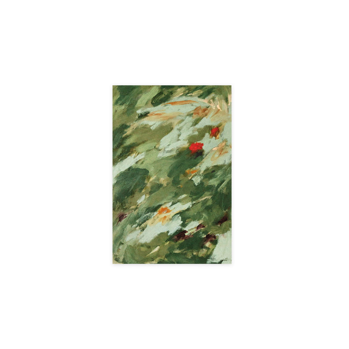 An abstract painting featuring textured brushstrokes of green, white, and brown, accented with small red and dark brown spots, shown on a solid white background.