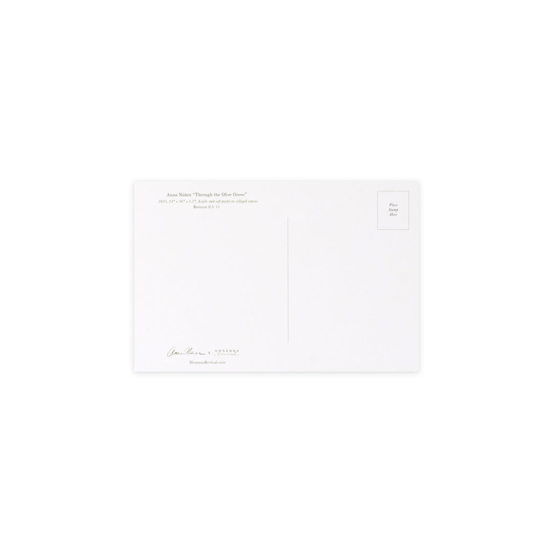 A minimalist white postcard with elegant gold foil text and a small 'POST' stamp box in the upper right corner, displayed on a clean white background.