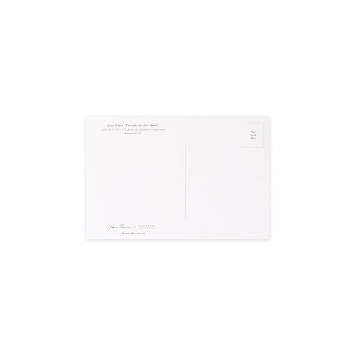 A minimalist white postcard with elegant gold foil text and a small 'POST' stamp box in the upper right corner, displayed on a clean white background.