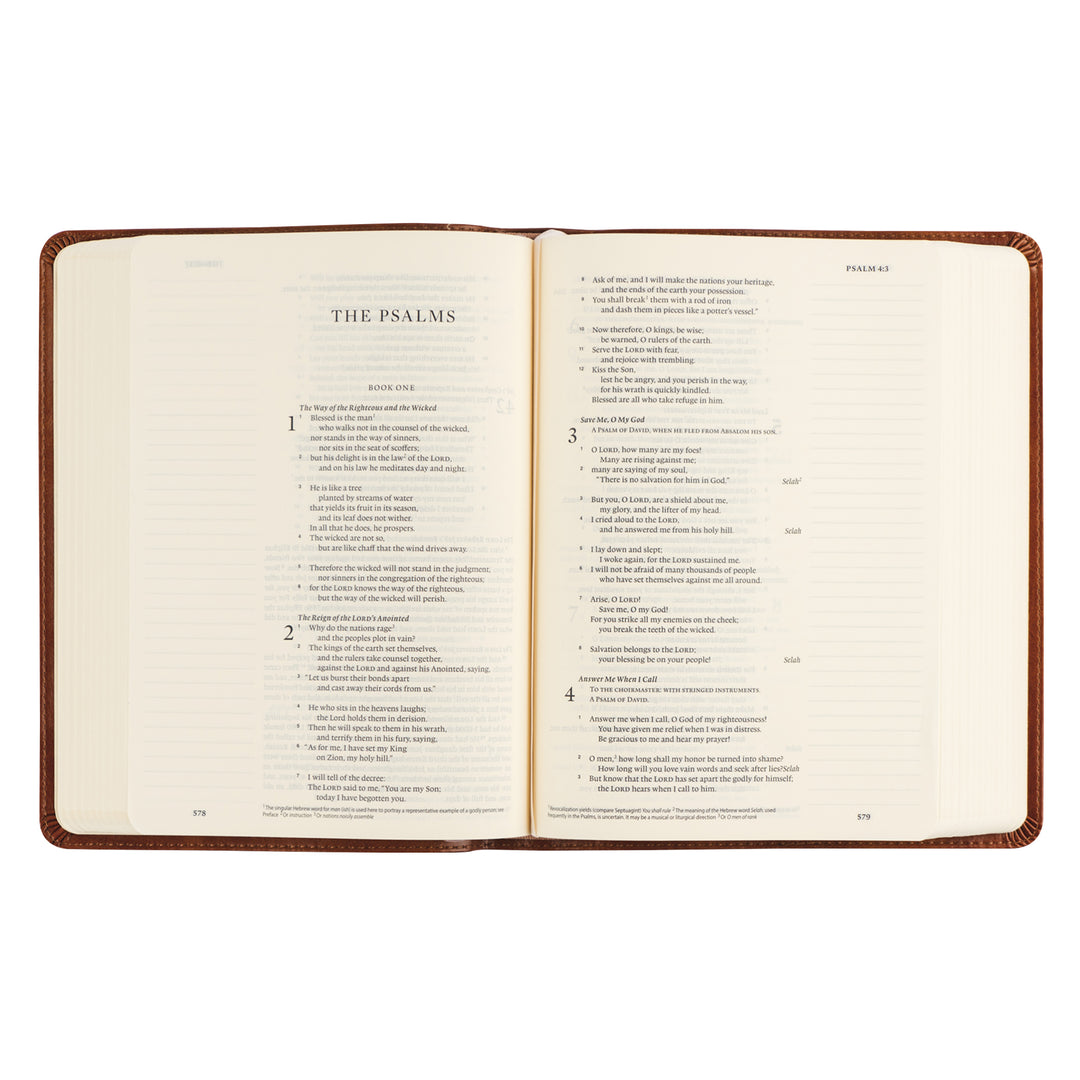 Open book displaying the Psalms with a brown leather cover on a white background