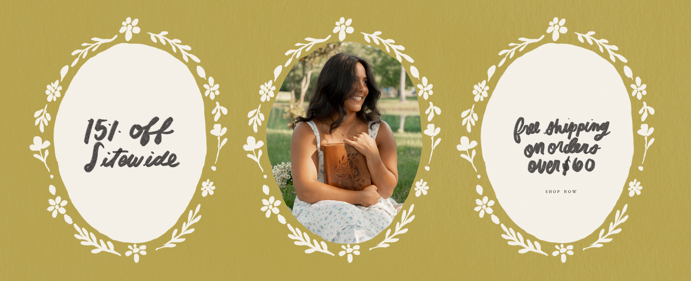 Promotional banner with a woman holding a book, surrounded by decorative elements and text that says 15% off and free shipping on orders over $60 on a beige background.