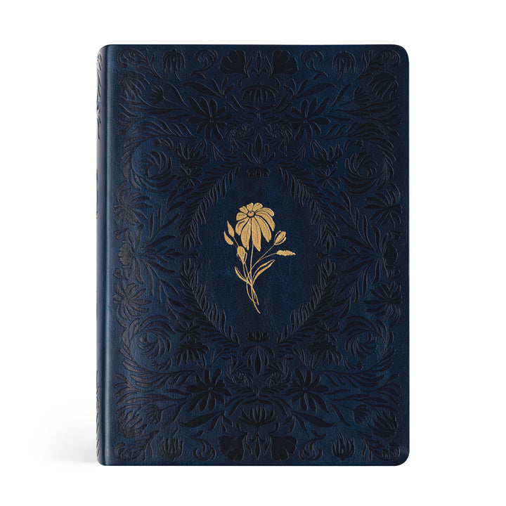 Blue Bible with floral embossing and gold flower design on a white background