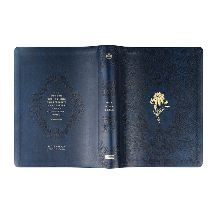 Blue leather-bound Bible with floral design and text on a white background