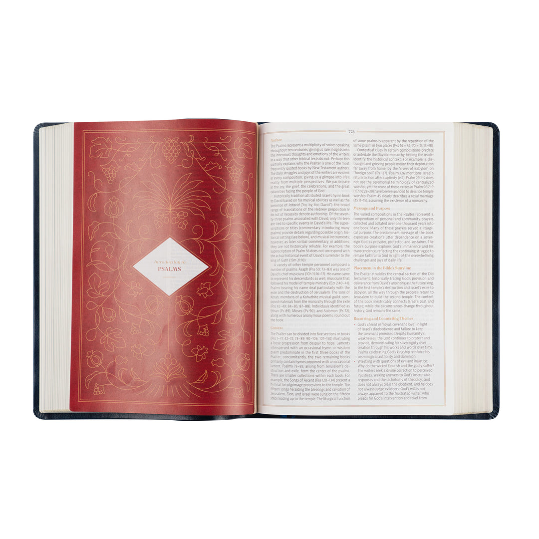 Open book with decorative red cover and white text pages on a white background