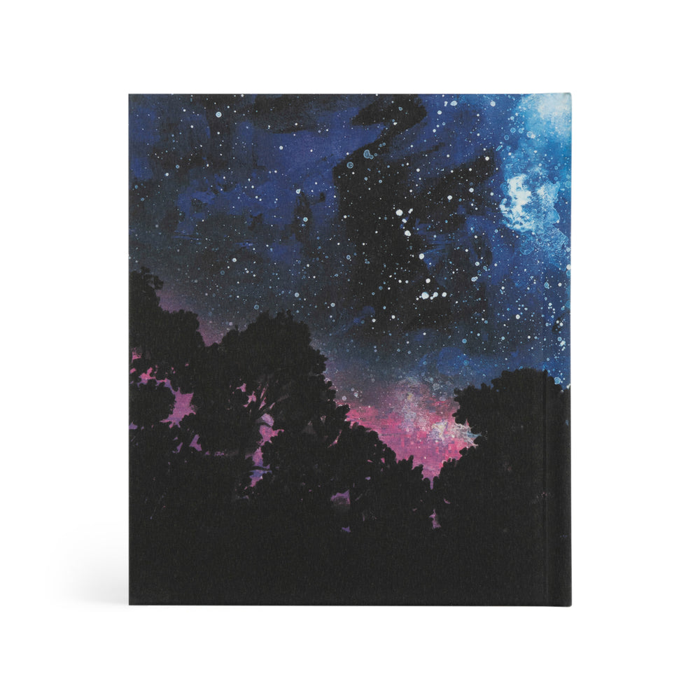 Book with a cosmic design featuring stars and nebulae on a white background