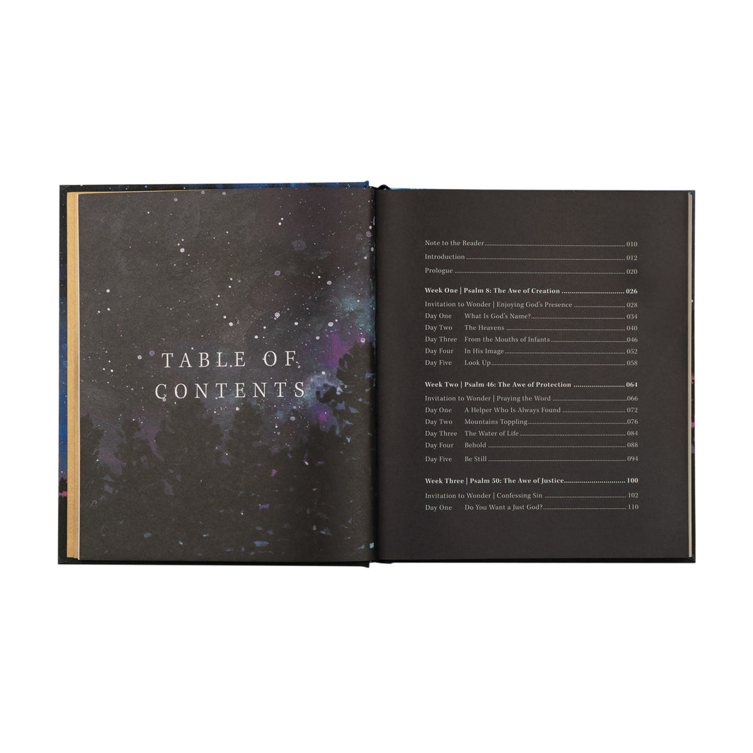 Open book showing a table of contents with a cosmic design on the left page.